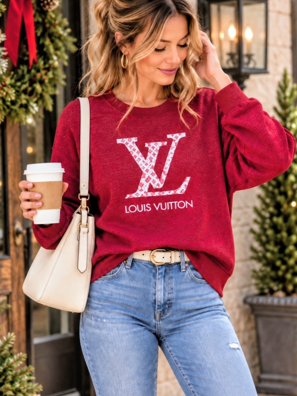 Louis Vuitton Burgundy Logo Crewneck Sweater Holiday Christmas Fall Cozy